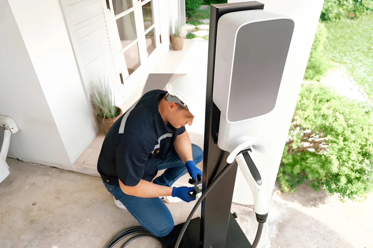 Wall-mounted home EV charger connected to an electric vehicle